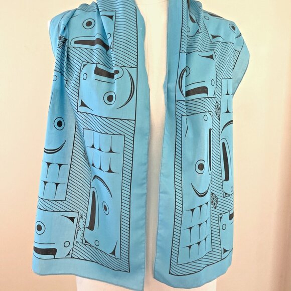 Vtg Barry Herem Scarf Blue1979 Northwest Coast Native Design Pacific 11 x 54” - Picture 1 of 9